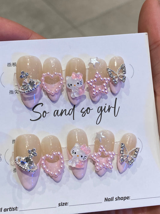 3D Almond press on nails  French  glitter hello kitty fake nail